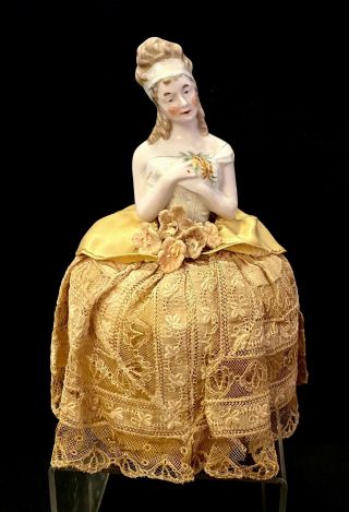 Vintage Porcelain Half Victorian Doll Pin Cushion Gold Color & Lace Skirt