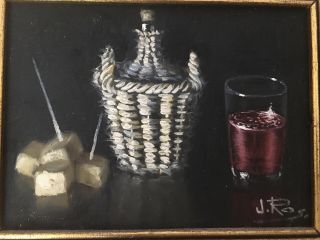 Vintage Still Life Oil On Canvas Painting Wine Cheese Signed J.  Ros