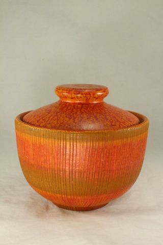 Mid Century Bitossi Seta Aldo Londi Italy 5½ " Dk Orange Jar W Lid Raymor