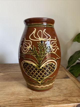 Vintage Sj Pottery Bethel Missouri Slip Decorated Heart & Tulips Redware Crock