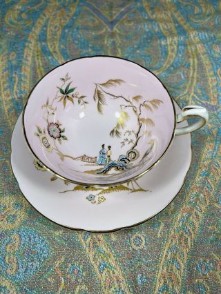 Vintage Paragon Tea Cup & Saucer Pink With Hand Decorated Garden Scene
