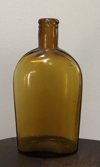 Antique Strap Side Half Pint Amber Flask 6 " High 3 " Wide At Shoulder