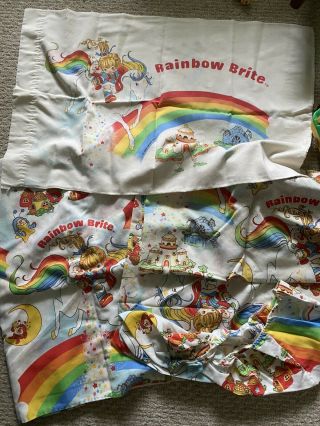 Vintage Rainbow Brite Twin Bed Sheet Fitted Flat Pillowcase Set 1980 