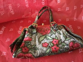 Vintage Deep Red & Green Beaded Evening Bag W/ Floral Design Clutch Handbag