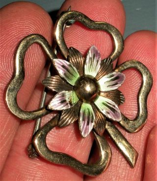 Antique Early 1900s Symmetalic Sterling Silver & 14k Gold 4 Leaf Clover Pin Vafo