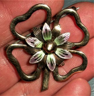 ANTIQUE EARLY 1900S SYMMETALIC STERLING SILVER & 14K GOLD 4 LEAF CLOVER PIN vafo 2