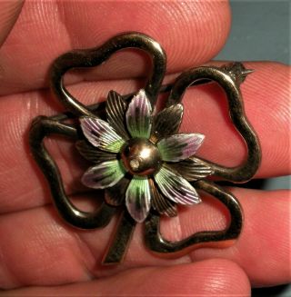 ANTIQUE EARLY 1900S SYMMETALIC STERLING SILVER & 14K GOLD 4 LEAF CLOVER PIN vafo 3