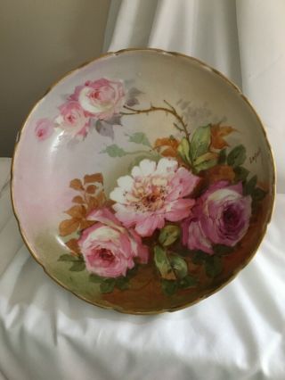 Antique Limoges Hand Painted Rose Plate With Luster Gold Trim Signed 8”