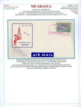 Nicaragua Us Constitution Postal History: Lot 33 1937 Holland Cachet Fdc $$$