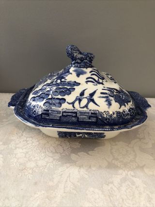 Antique Blue Willow Covered Vegetable Dish,  With Lion On Top.  Wedgewood