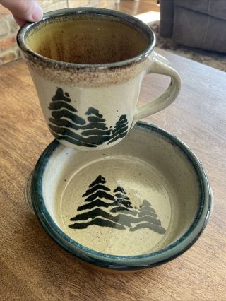 Monroe Salt Maine Pottery Spruce Trees Jumbo Mug And Bowl