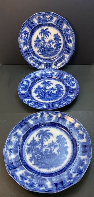 Set Of 3 Flow Blue Antique Kyber Pattern W.  Adams Co England 9 " Plates