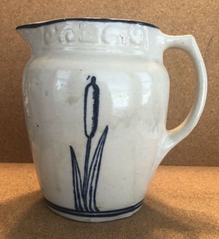 Antique Blue And White Stonware Cattail Pitcher 6 - 3/8” Tall