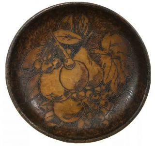Vtg Antique Hand Carved & Turned Wood Burned Wooden Fruit Bowl Fruit Theme
