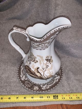 J Godinger Antique Reflections 9” Pitcher/plate Brown Transferware Floral Scroll
