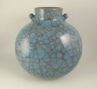 Japanese Tachikichi Art Pottery Vase Blue Crackle Glaze (c @b4/2)