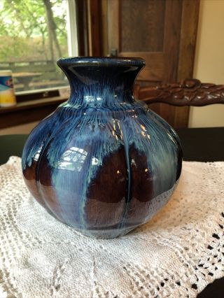 Bill Campbell Pottery Vase Melon Shape Drip Glaze 7 3/4”
