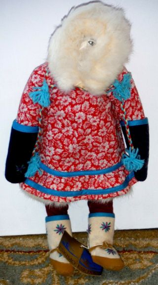 Vintage Handmade Eskimo Doll 13 1/2 " Cloth & Fur From Canada With Tag P540