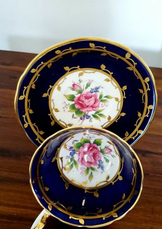 Stunning Aynsley Floating Rose Cup And Saucer Cobalt Blue Xtra Gold