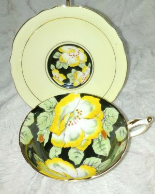 Vintage Paragon Yellow Hibiscus Flower On Black Tea Cup & Saucer Bone China