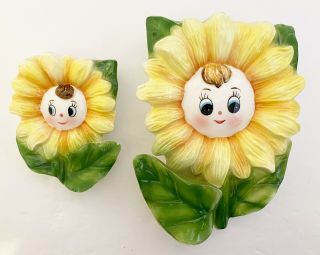Set Of 2 Vintage Kitsch Anthropomorphic Yellow Sun Flower Face Wall Pocket Japan