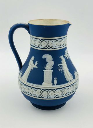 Large Antique Wedgwood Dark Blue White Jasperware Figural Water Pitcher Jug Vase