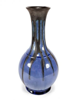 Edgecomb Potters Maine Art Pottery Vase Gunmetal Drip Over Blue 9 5/8 " Tall