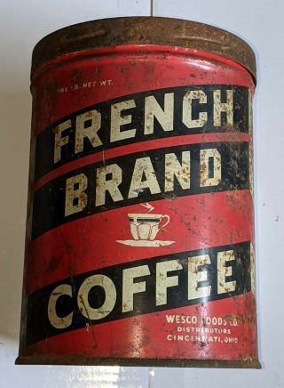 Antique Vintage French Brand Coffee Tin Wesco Foods Co.  " One Lb.  Net Wt.  " W/ Lid