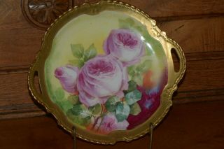 Limoges - Coronet - Double Handled Cake Plate - Pink Roses - Signed - 11 "
