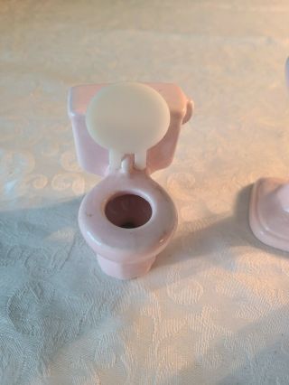 Vintage Porcelain Pink doll house bathroom set: sink tub toilet 1:12 scale soap 2