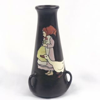 Antique Stellmacher Teplitz Pottery Three Handled Girl And Goose Vase Austria