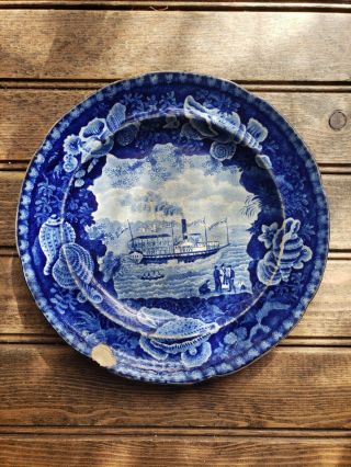 Historical Staffordshire Blue Plate Union Line By Wood Shell Border 8.  5”