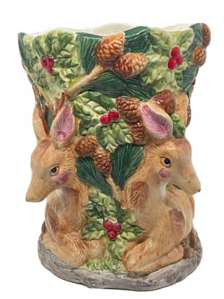 10” Vintage Majolica Planter Vase Deer Fawn Woodland Style Holly & Pinecones