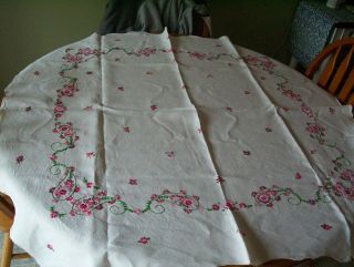 Vintage Hand Embroidered Tablecloth Cross Stitch Floral - White Cloth 47x47