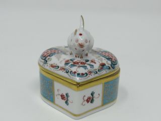 Vintage Herend Hungary Bunny Rabbit Heart Shaped Trinket Box Turquoise Gold Red 2