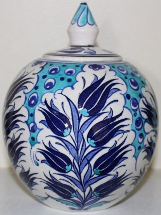 6 " X5 1/2 " Handmade Turkish Iznik Blue Floral Pattern Ceramic Jar Urn Canister