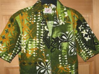 Vtg Sears Mens Short Sleeve Hawaiian Shirt Tiki Tapa Orange Green Barkcloth Sm