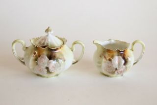 L - Antique Rs Prussia Porcelain Creamer & Sugar Set Roses Nouveau
