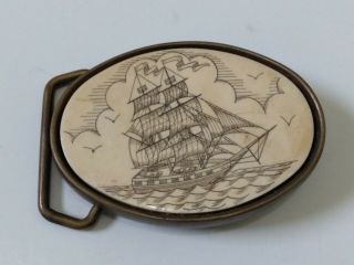Vintage Bts Solid Brass Belt Buckle With Scrimshaw Carved Sailing Ship Sail Boat