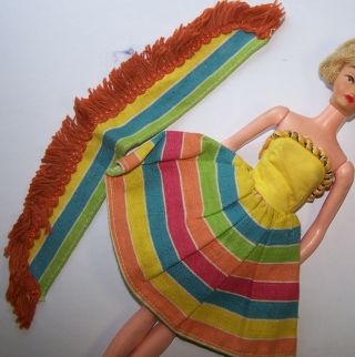 Vintage Barbie Clone Sleeveless Dress With Shawl Festive Stripes