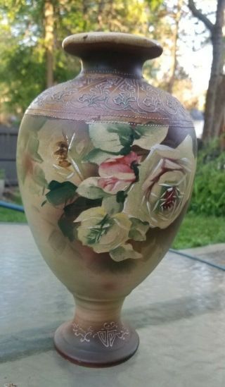 Gorgeous Antique Hand Painted Flowers Floral Roses Porcelain Vase 14 " Unsigned