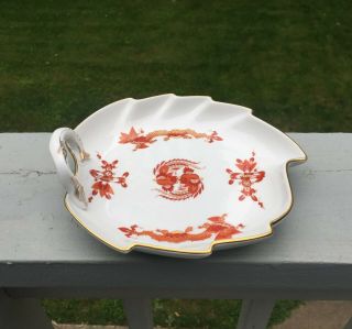 Meissen German Porcelain Red Ming Dragon Leaf Shaped Dish