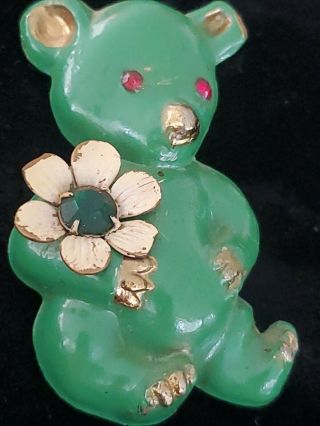 Antique Unique Jewelry Teddy Bear Brooch Green Enamel,  Gold Gilt,  Red Glass Eyes