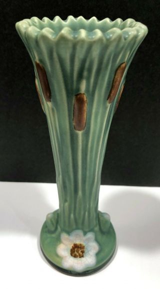 Antique 1920’s Weller Pottery “ardsley” Green Bud Vase With Cattails & Lilies