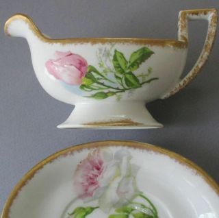 Antique Limoges Porcelain Gravy Sauce Bowl W Under Plate Pink Roses W Gilt Trim