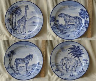 Chelsea House Set Of 4 Blue And White Hand Painted African Animals Plates Signed
