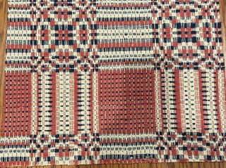 Antique Woven Coverlet Piece Blue Red Cream 12 1/2” X 16”