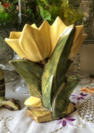 Vintage Mccoy Pottery Double Tulip Bright Yellow Flower Vase Planter