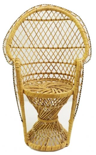 Vintage Mcm Miniature Wicker Rattan Peacock Chair Doll Furniture Plant Stand 15”