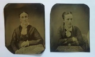 Antique Tintype Photos (2) Grandmother Or Mother And Daughter Larger Format